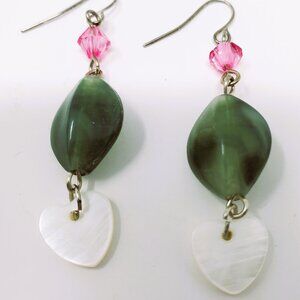 Handcrafted Pink and Green Heart Dangle Earrings